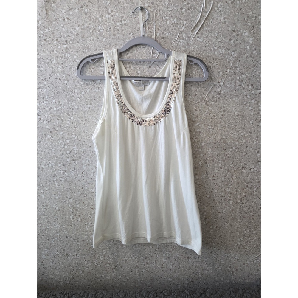 Bogari Women's‎ Silk Cotton Embellished Tank Top L Ivory Sleeveless Beaded...